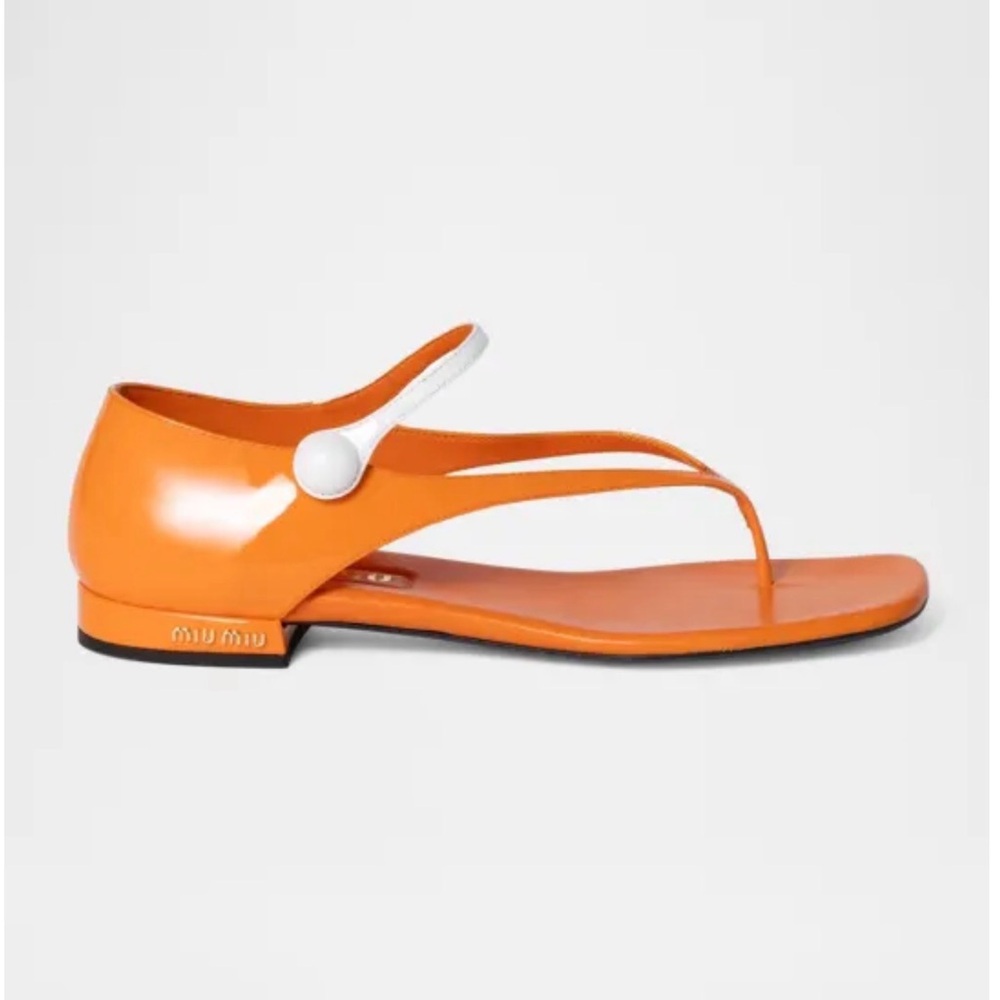 Miu Miu Orange Patent Leather Thong Sandals with White Button Strap